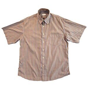 Stefanel Shirt Men's XL Short Sleeve Brown Blue Plaid Made In Italy Button Up
